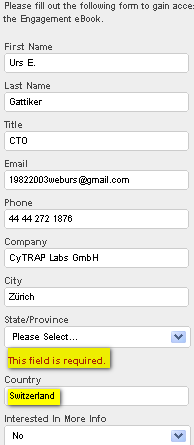 Image - access to white paper from Allegiance; the power to engage. Here the user must choose a state (US) or province (Canada)... what if you want to engage and are from another country? You have to choose a state or province to get access, making the road to engagement obstructed by hurdles