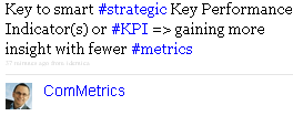 Image - tweet by ComMetrics - Key to smart #strategic Key Performance Indicator(s) or #KPI => gaining more insight with fewer #metrics