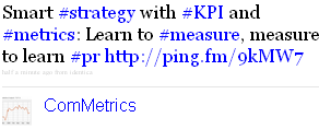 Image - tweet by ComMetrics - Smart #strategy with #KPI and #metrics: Learn to #measure, measure to learn #pr http://ping.fm/9kMW7