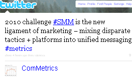 Image - tweet by ComMetrics - 2010 challenge #SMM is the new ligament of marketing – mixing disparate tactics + platforms into unified messaging: will we succeed? #metrics