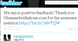 Image - tweet by Sergio Rossi - We enjoy positive feedback! Thank you Obsessedwithshoes.com for the awesome mention