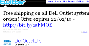 Image - tweet by @DellOutletUK - Free shipping on all Dell Outlet system orders! Offer expires 22/01/10 - http://bit.ly/1aFMOE 