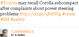 Image - ComMetrics tweet - #Toyota may recall Corolla subcompact after complaints about power steering problems http://cli.gs/5BsHXg #crisis #SM #safety