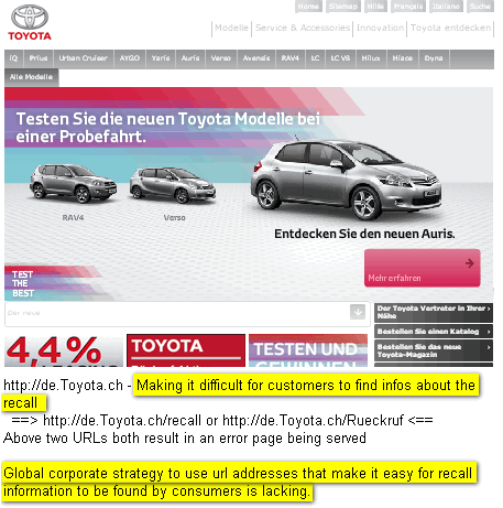 Image - Toyota lacks a global corporate strategy for using social media and URLs effectively to help its clients to find the recall information needed to see if their car needs fixing or not