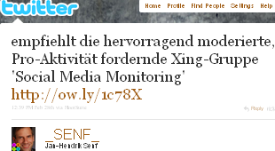 Image - graphic - tweet - @_SENF_ - the pro-active moderating by moderators of SM Monitoring group on Xing warrants joining