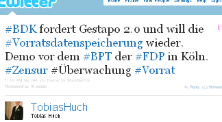 Image - tweet by @TobiasHuch #BDK fordert Gestapo 2.0 und will die #Vorratsdatenspeicherung wieder. Demo vor dem #BPT der #FDP in Köln. #Zensur #Überwachung #Vorrat