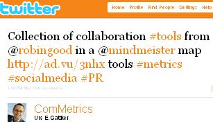 Image - tweet by @ComMetrics - Collection of collaboration #tools from @robingood in a @mindmeister map http://ad.vu/3nhx tools #metrics #socialmedia #PR