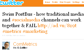 Image - tweet by @ComMetrics - Swiss PostBus - how traditional media and #socialmedia channels can work together & FAIL http://ad.vu/8z9t #metrics #marketing