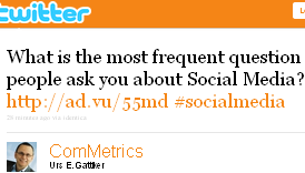 Image - tweet by @ComMetrics - What is the most frequent question people ask you about Social Media? http://ad.vu/55md #socialmedia