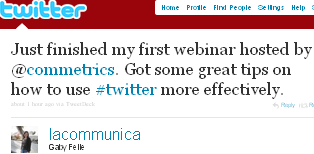 Image - tweet by @kommboutique Just finished my first webinar hosted by @commetrics. Got some great tips on how to use #twitter more effectively