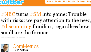 Image - tweet by @ComMetrics #NBC turns #SM into game: Trouble with risks: we pay attention to the new, #discounting familiar, regardless how small are the former