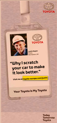 Image - advertising by Toyota - front page lower right - Financial Times Europe, UK and Middle East edition - followed by 1/3-page ad on page 3 of same issue