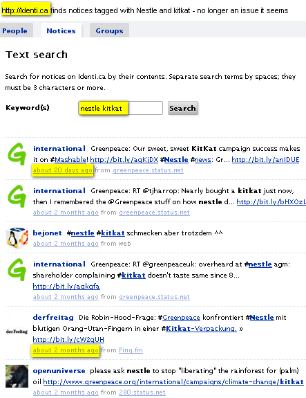 Image - searching on Identi.ca for Nestle and KitKat  by @ComMetrics - few results but definitely more than Twitter brings up