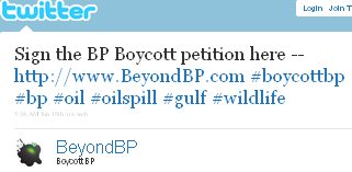 Image - tweet by @BeyondBP = Sign the BP Boycott petition at this link: http://BeyondBP.com #boycottbp #oilspill #gulf #wildlife #oil