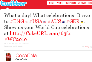 Image - tweet by @CocaCola What a day! What celebrations! Bravo to #ENG  #USA  #AUS  #GER . Show us your World Cup celebrations at http://CokeURL.com/63fx #WC2010 