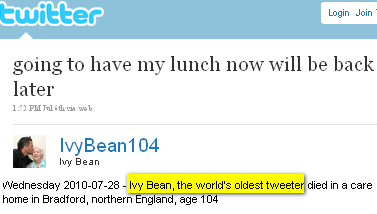 Image - Ivy Bean - world's oldest tweeter died at 104 - her last tweet on July 4 said: going to have my lunch now will be back later