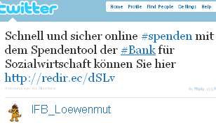 Image - tweet - @IFB_Loewenmut - Schnell und sicher online #spenden mit dem Spendentool der #Bank für Sozialwirtschaft können Sie hier http://redir.ec/dSLv