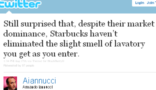 Image - tweet - @Aiannucci - Still surprised that, despite their market dominance, Starbucks haven't eliminated the slight smell of lavatory you get as you enter. 