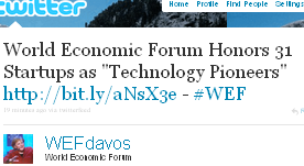 Image - tweet - WEFdavos - World Economic Forum Honors 31 Startups as 'Technology Pioneers'