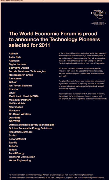 Image - print ad - World Economic Forum - announcing the Technology Pioneers 2011