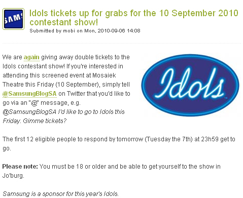 Image - blog post - Samsung Blog ZA - Idols tickets up for grabs for the 10 September 2010 contestant show! Submitted by mobi on Mon, 2010-09-06 14:08 ComMetrics 