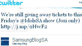 Image - tweet - @SamsungBlogSA - We're still giving away tickets to this Friday's @IdolsSA show (Jozi only) http://j.mp/9HvcF2 