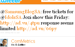 Image - tweet - @ComMetrics - @SamsungBlogSA: free tickets for @IdolsSA Jozi show this Friday http://ad.vu/4tpu response seems limited http://ad.vu/66py