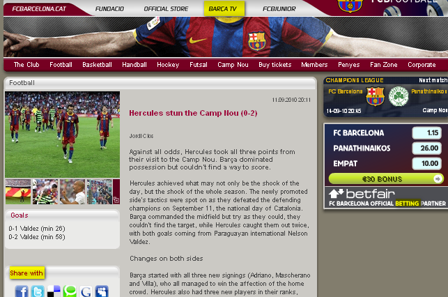 Image - Website FC Barcelona - Hercules stun the Camp Nou (0-2) 