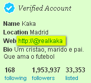 Image - Twitter - footballer Kaka - web URL does not link to a website but serves an error page 