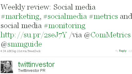 Image - tweet by @twittinvestor - Weekly review: Social media #marketing, #socialmedia #metrics and social media #monitoring http://su.pr/2seJ7Y /via @ComMetrics @smmguide 