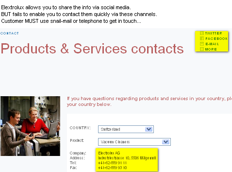 Image - Electrolux - Customer contact Switzerland - Allowing me to share the info via Twitter, Facebook and email is great - but not giving me a chance to contact them via email, Twitter, or Facebook is not that good - instead I either must call or use snail-mail - WHY