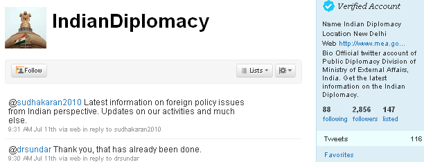 Image - 1st tweet - @IndianDiplomacy - After the police and the post office, the Indian Ministry of External Affairs began tweeting on 2010-07-08. Is it worth the trouble to follow them?