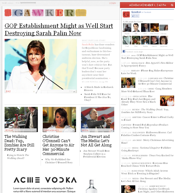 Image - Gawker media - beta design - The landing page is dominated by a large image, headline and single story with a list of other headlines along the right side. A new way to use blogs but not the end of the blog.