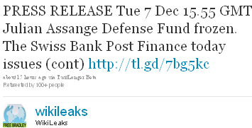 Image - tweet - @WikiLeaks - PRESS RELEASE Tue 7 Dec 15.55 GMT Julian Assange Defense Fund frozen. The Swiss Bank Post Finance today issues (cont) http://tl.gd/7bg5kc 