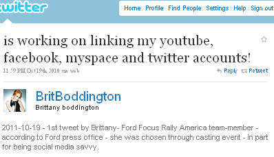 Image - FIRST tweet from @BrittBoddington - is working on linking my youtube, facebook, myspace and twitter accounts!