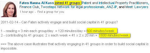 This case illustrates the practical impossibility of building social capital effectively by joining 41 groups... besides, what about your job?