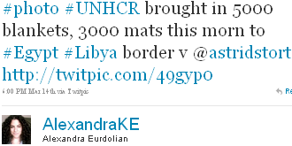 Image - tweet @AlexandraKE - #photo #UNHCR brought in 5000 blankets, 3000 mats this morn to #Egypt #Libya border v @astridstort http://twitpic.com/49gyp0