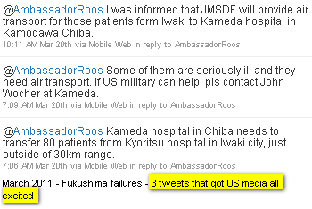 Image - tweet @Rikeishikou - 3 tweets sent to @AmbassadorRoos about the Kameda hospital in Chiba needing help to transfer 80 patients from Kyoritsu hospital in Iwaki city, just outside of 30km range.