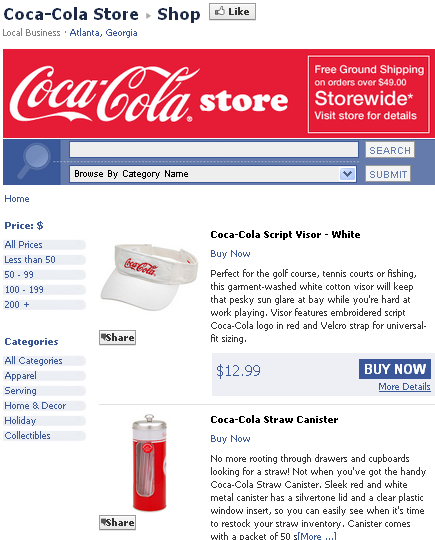 Image - Coca Cola store - 1 of top 3 brands on Facebook, but the transaction itself is concluded on Coca-Cola's website.