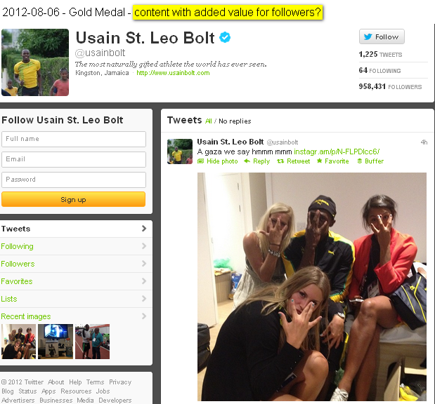 Click on image - Usain Bolt - Last tweet after winning Gold at #London2012 before hitting the sack - added value quo vadis?