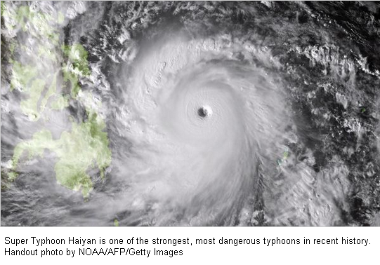 CLICK on IMAGE - One of the most powerful typhoons recorded slammed into the central Philippines on Friday, November 8, 2013, cutting off electricity and telecommunications.