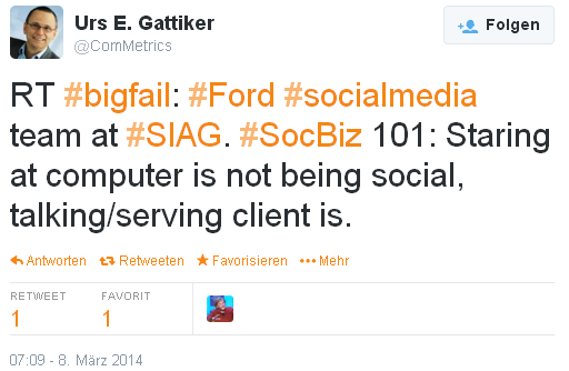 CLICK on IMAGE - #bigfail: #Ford #socialmedia team at #SIAG. #SocBiz 101: Staring at computer is not being social, talking/serving client is.