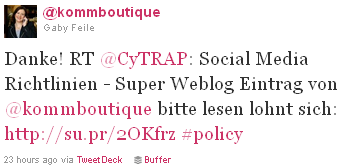 Image - @Kommboutique - tweet - Danke! RT @CyTRAP: Social Media Richtlinien - Super Weblog Eintrag von @kommboutique bitte lesen lohnt sich: http://su.pr/2OKfrz #policy