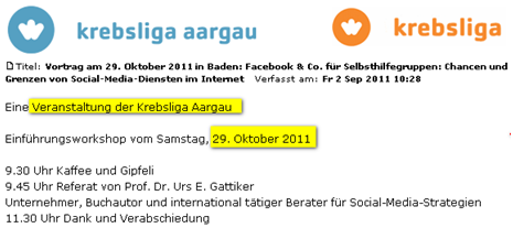 Krebsliga Aargau mit der CyTrap Labs - Workshop 2011-10-29 in Baden: Facebook & Co. für Selbsthilfegruppen: Chancen und Grenzen von Social-Media-Diensten im Internet