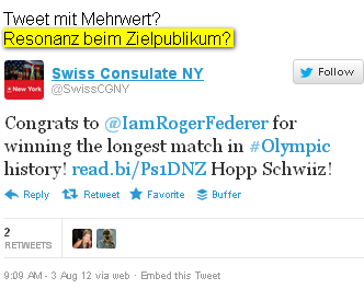 Foto anklicken - Tweet vom Schweizer Generalkonsulat New York - Roger Federer gewinnt in London 2012 - Halbfinal.
