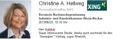 Lob für den Vortrag von Urs E. Gattiker von Christine Hellweg auf Xing: Super interessante Studie, danke auch nochmals für den 'bewegten' Vortrag, super Rhetorik.